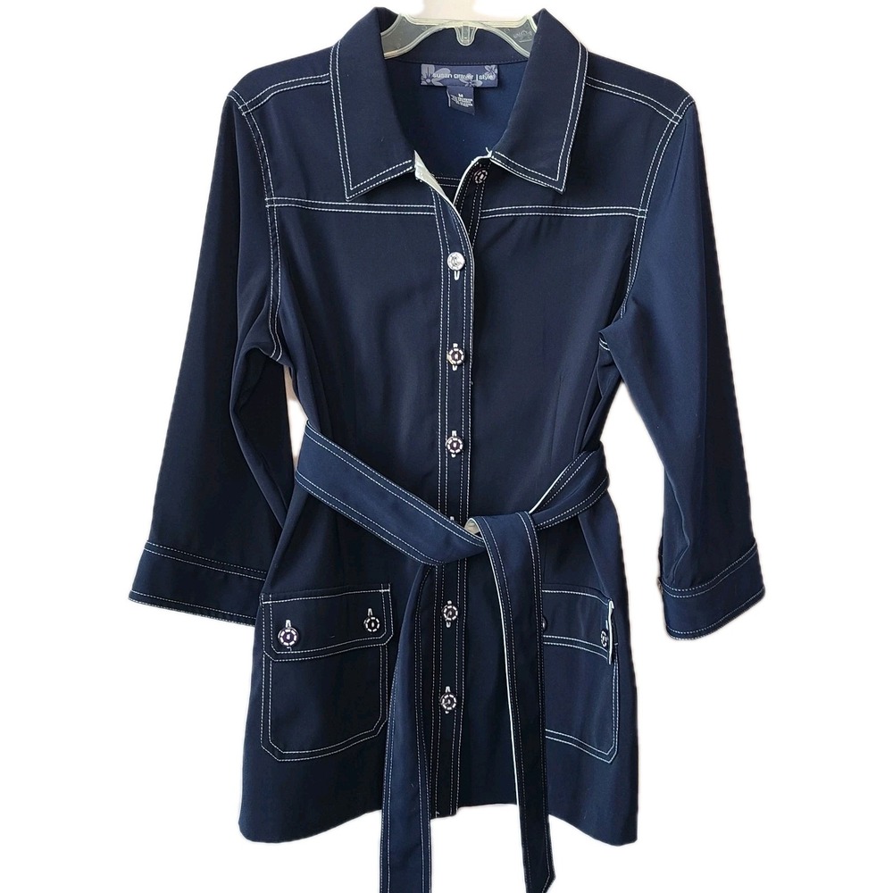 Susan Graver Blue/White Contrast Stitch Belted Button Front Jacket Shacket Sz M
